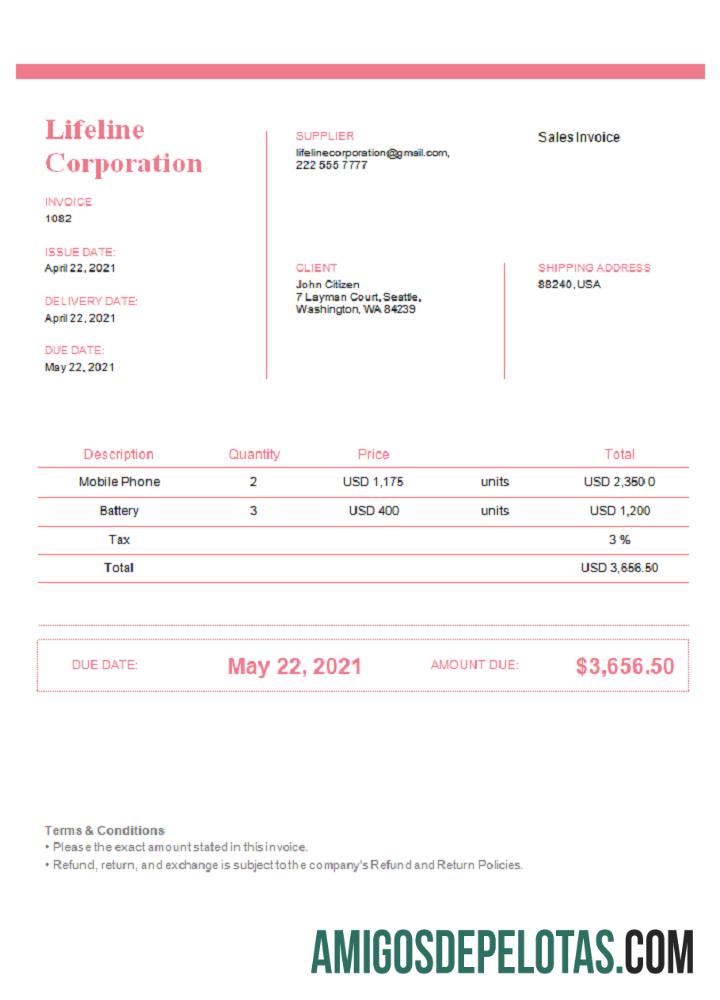 realista Modelo de fatura da USA Lifeline Corporation em formato Word e PDF, totalmente editável, versão 2